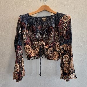 Angie Navy and Beige Paisley Crop Top